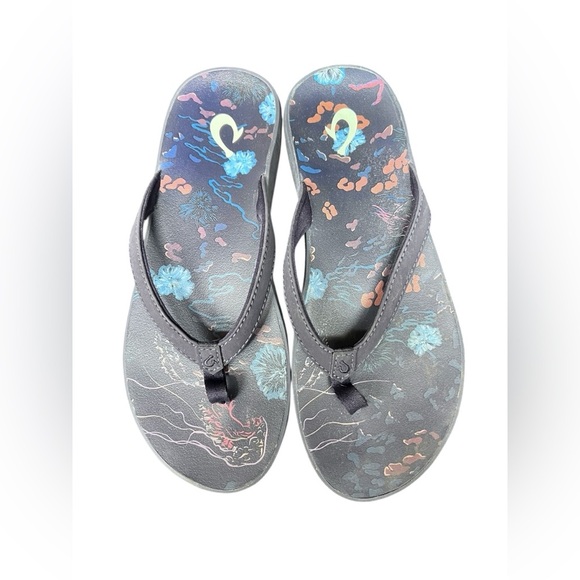 OluKai Shoes - Olukai Women Puawe Navy Flip Flops with Floral Design Sandals Flat Sz 6